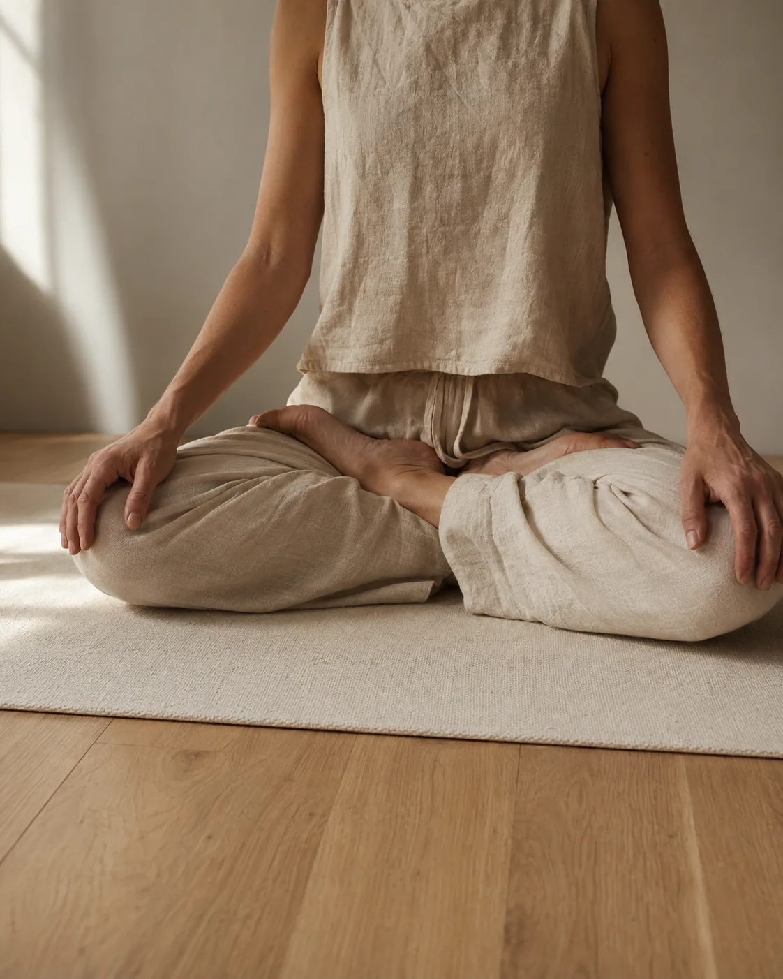 Mains posées sur les genoux en posture de yoga